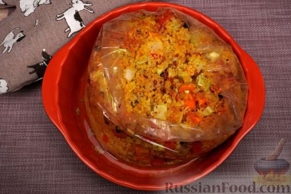 Булгур с курицей и кабачками, в рукаве